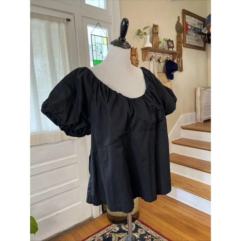 Old Navy Smocked Plus 3X Black Round Neck Short Puff Sleeve Ruffle Top Shirt